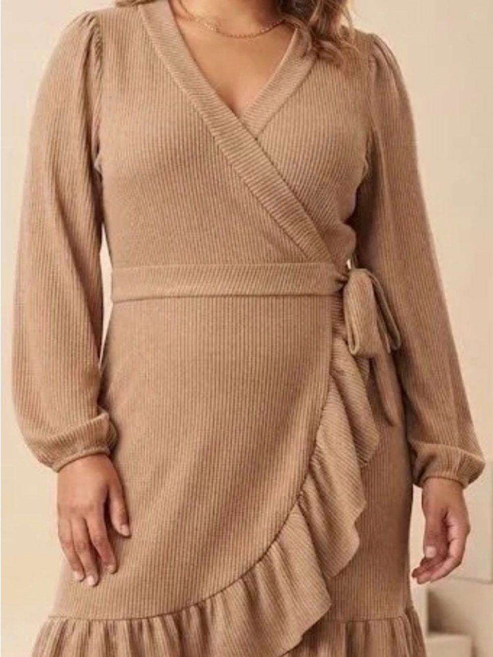 Simply Southern Taupe Ribbed Wrap Midi Dress with Ruffle Trim
